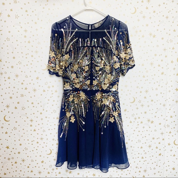 asos gold and navy sparkle mesh skater dress